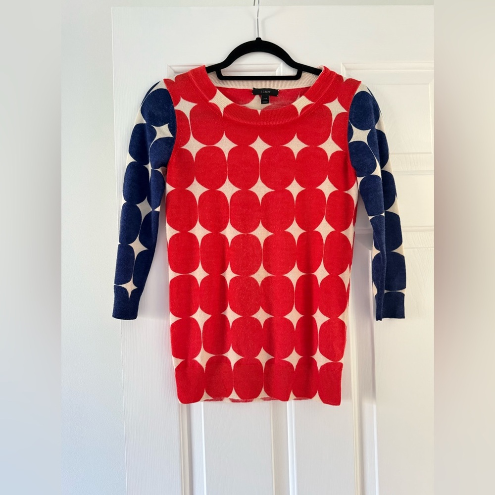 J Crew 100% merino wool red blue white circle pattern 3/4 sleeve sweater XXS
